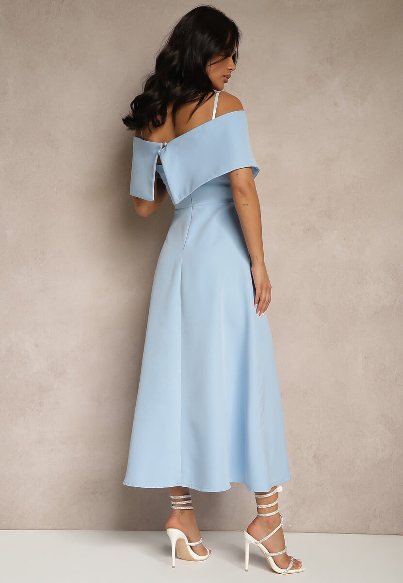 Niebieska Rozkloszowana Sukienka na Ramiączkach z Wywiniętym Dekoltem Jenavitia