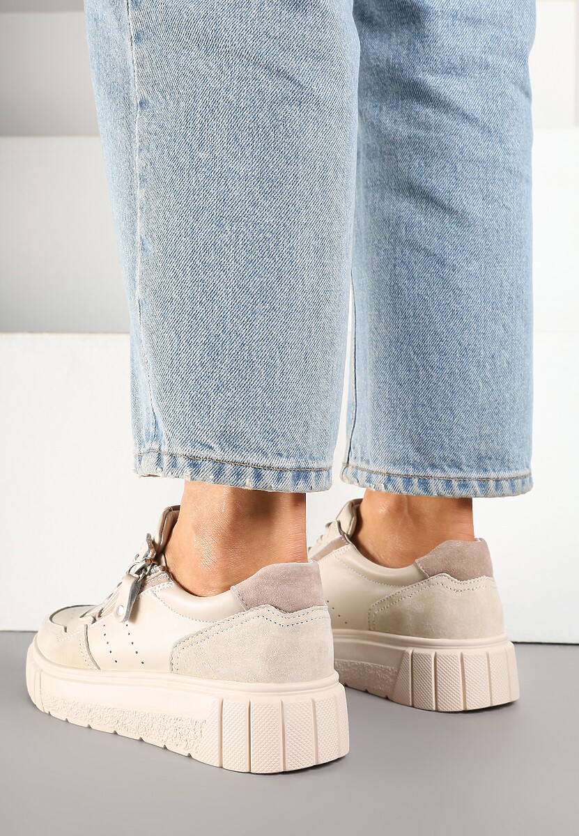 Beżowe Streetwearowe Sneakersy ze Skóry Naturalnej z Ozdobnym Suwakiem Eleavenna