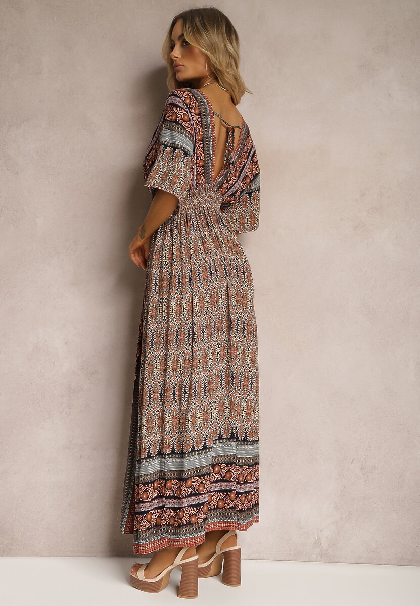 Brązowa Sukienka w Stylu Etnicznym z Gumką w Pasie Wiązana na Plecach Lixara
