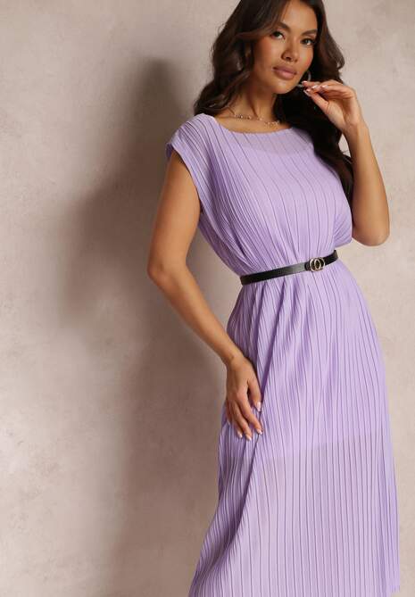 Fioletowa Pudełkowa Sukienka Midi z Plisowanej Tkaniny z Paskiem z Klamerką Lanaia