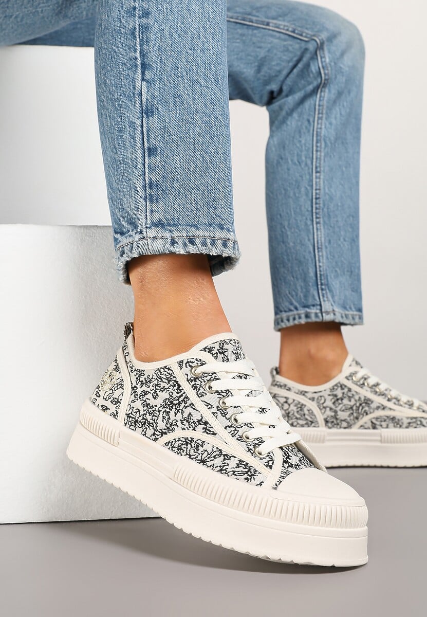 Beżowo-Czarne Trampki na Platformie z Abstrakcyjnym Wzorem Wulinea