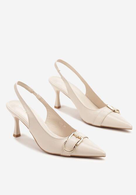 Beżowe Sandały na Szpilce Slingback Ozdobione Metaliczną Klamrą Zeornna