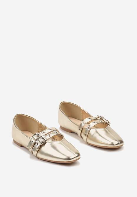 Złote Balerinki na Płaskiej Podeszwie Ozdobione Paskami z Regulacją Moradea