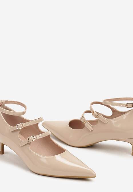 Ciemnobeżowe Czółenka Lakierowane Typu Kaczuszka Wykończone Paseczkami i Sprzączkami Konstisa