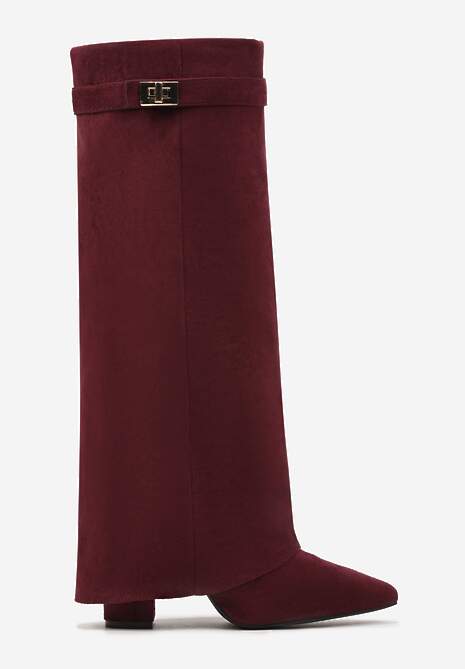 Bordowe Kozaki na Słupku z Wywiniętą Cholewką i Klamerką Upaxa