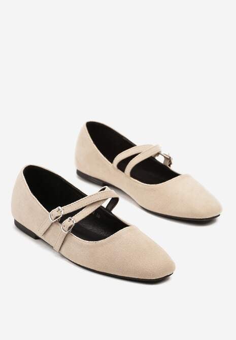 Beżowe Balerinki o Kwadratowym Nosku z Paskami i Eleganckimi Klamerkami Nailan