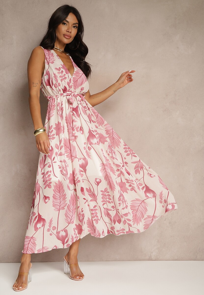 Różowa Sukienka z Wiskozą z Kopertowym Dekoltem i Wiązanym Paskiem Natisolve