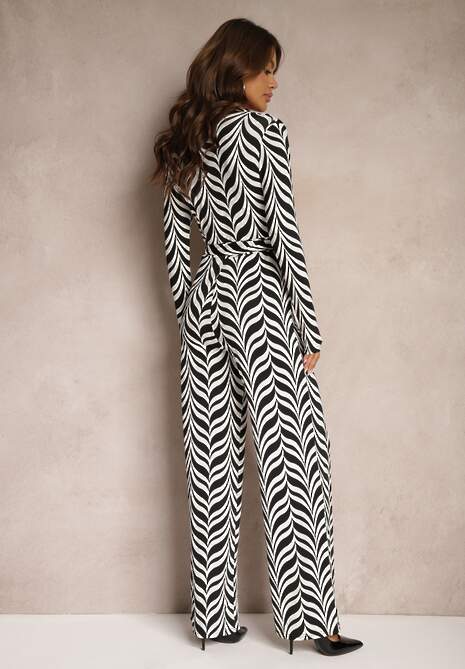 Czarno-Biały Kombinezon z Wiązanym Paskiem w Geometryczny Wzór Taso