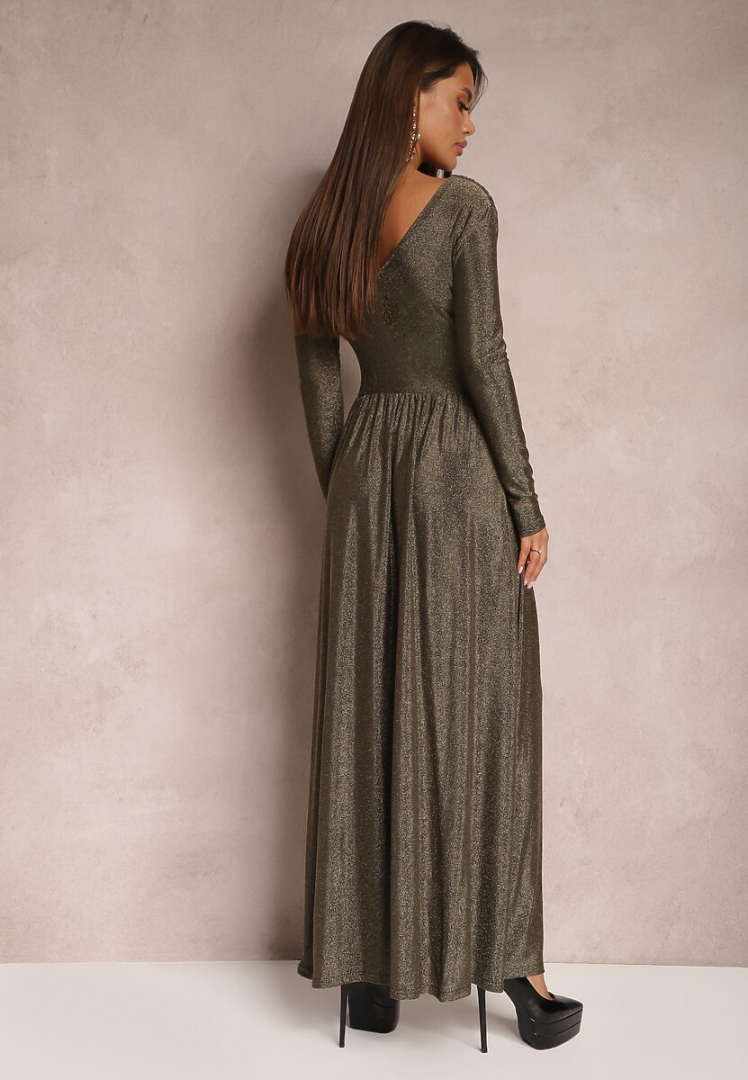 Złota Rozkloszowana Sukienka Maxi z Błyszczącego Materiału z Drapowaniem w Talii Kizzetta