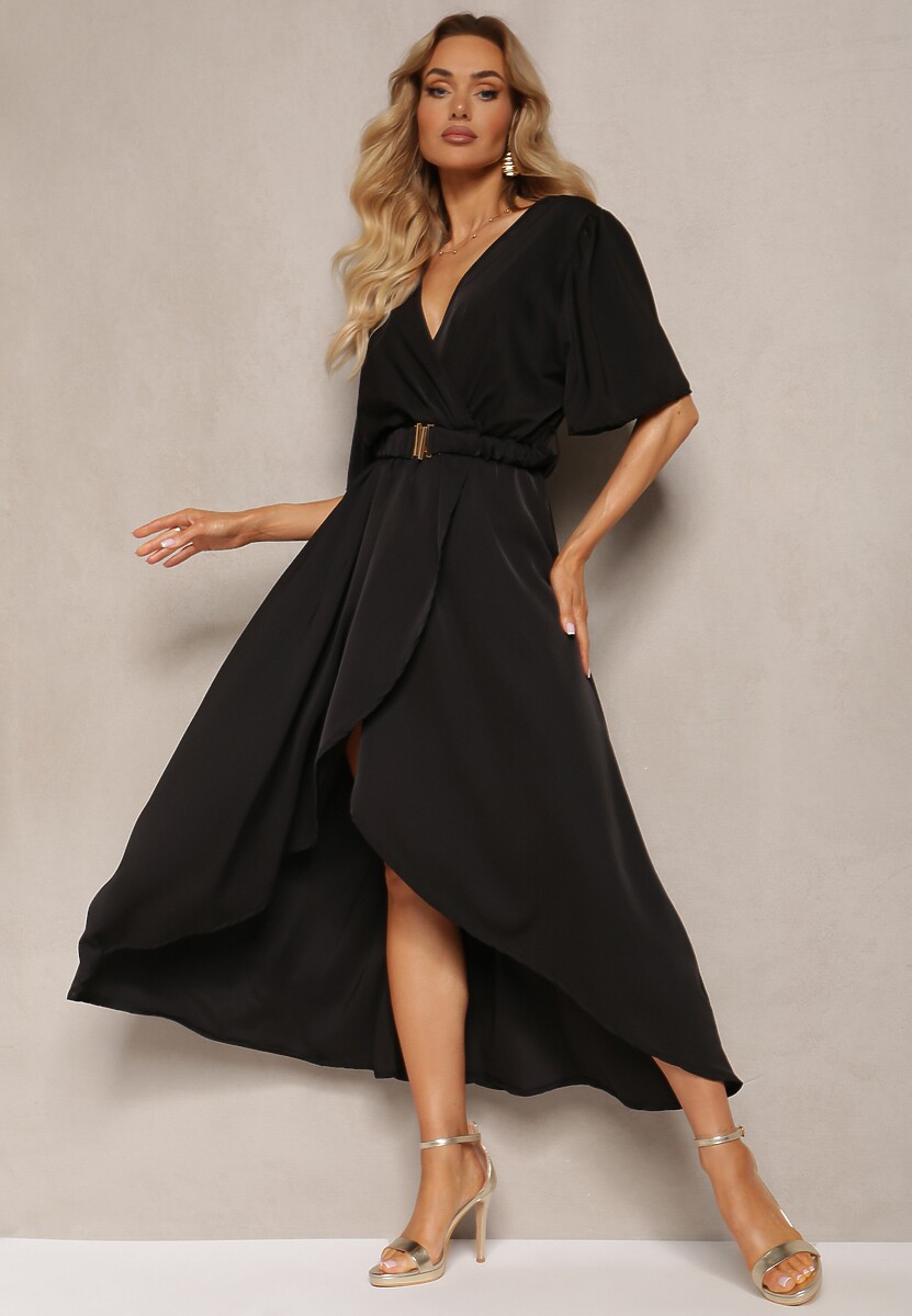 Czarna Sukienka o Kopertowym Kroju z Marszczoną Gumką i Paskiem w Talii Dariane