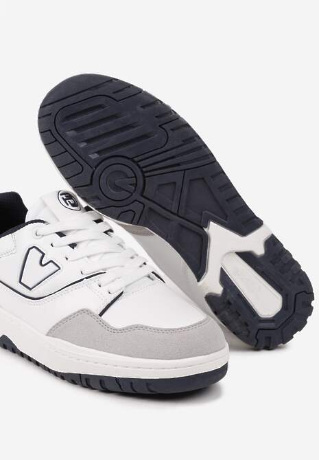 Biało-Granatowe Sneakersy Sznurowane z Aplikacją na Boku i Przeszyciami Irilian