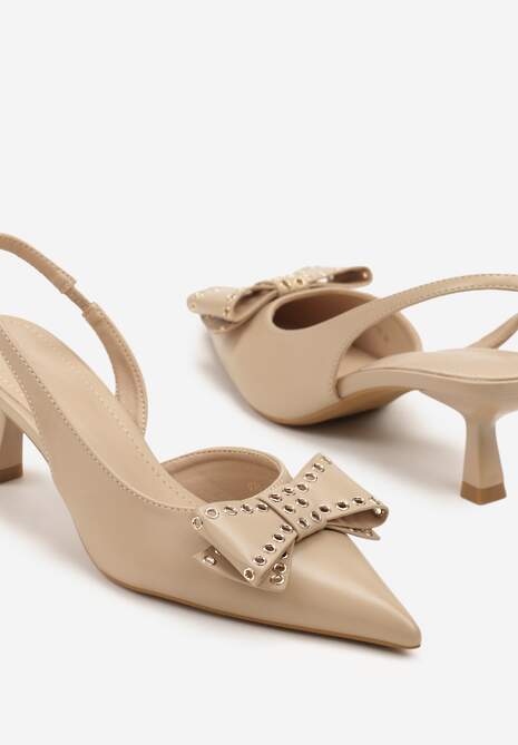 Ciemnobeżowe Czółenka Sandały Vices na Kaczuszce Slingback z Kokardą i Nitami Fennadia