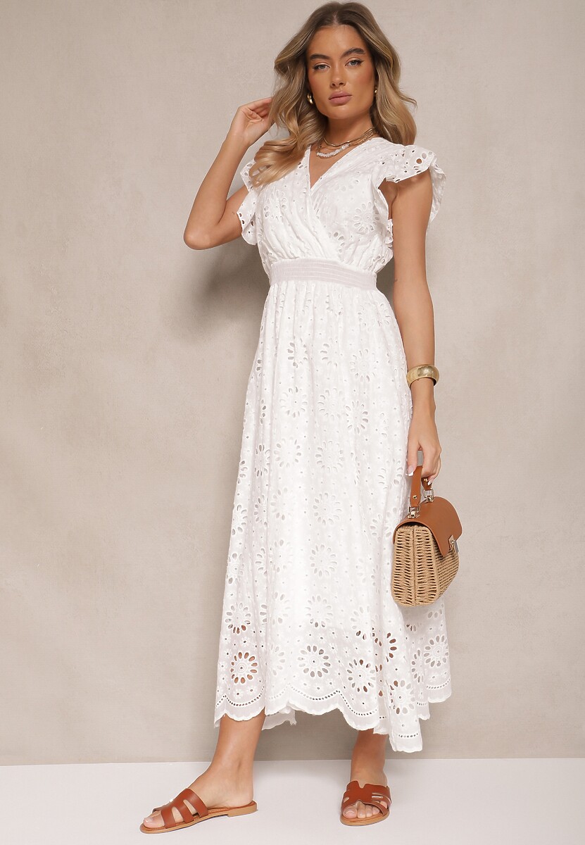 Biała Kopertowa Sukienka Ażurowa z Bufiastymi Rękawami Ldivaya