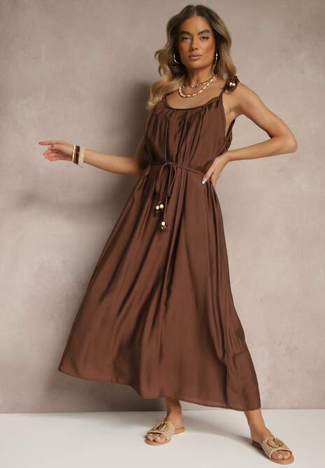 Brązowa Wiskozowa Sukienka Boho na Wiązanych Ramiączkach z Paskiem z Plecionki Miratera