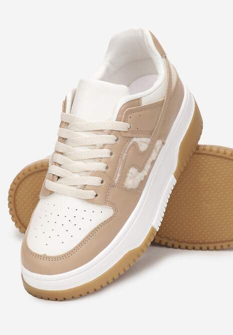 Ciemnobeżowe Sneakersy z Imitacji Skóry ze Wstawkami z Futerka Vaelisa