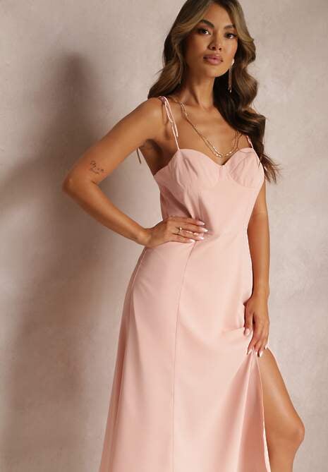 Różowa Rozkloszowana Sukienka Midi z Rozcięciem na Ramiączkach Josine