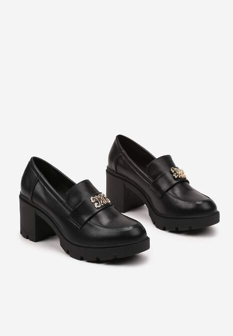 Czarne Półbuty z Ozdobną Aplikacją w Stylu Loafersów na Obcasie Firlexia