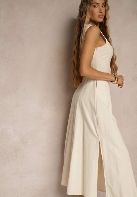 Jasnobeżowa Sukienka Rozkloszowana z Wiskozą Bawełną i Rozcięciem na Nogę Saravisse