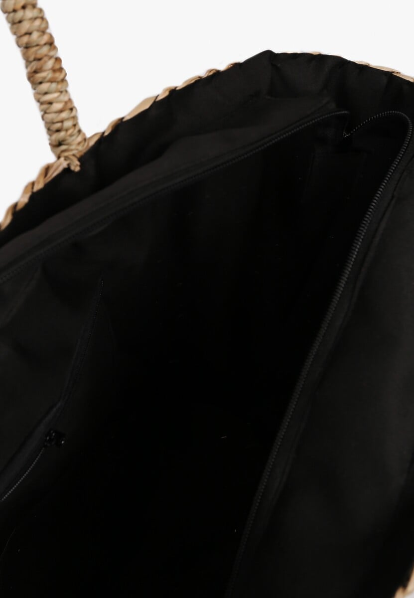 Beżowo-Czarna Torebka na Ramię w Stylu Boho z Wyszywaną Aplikacją i Frędzlami Oanesa