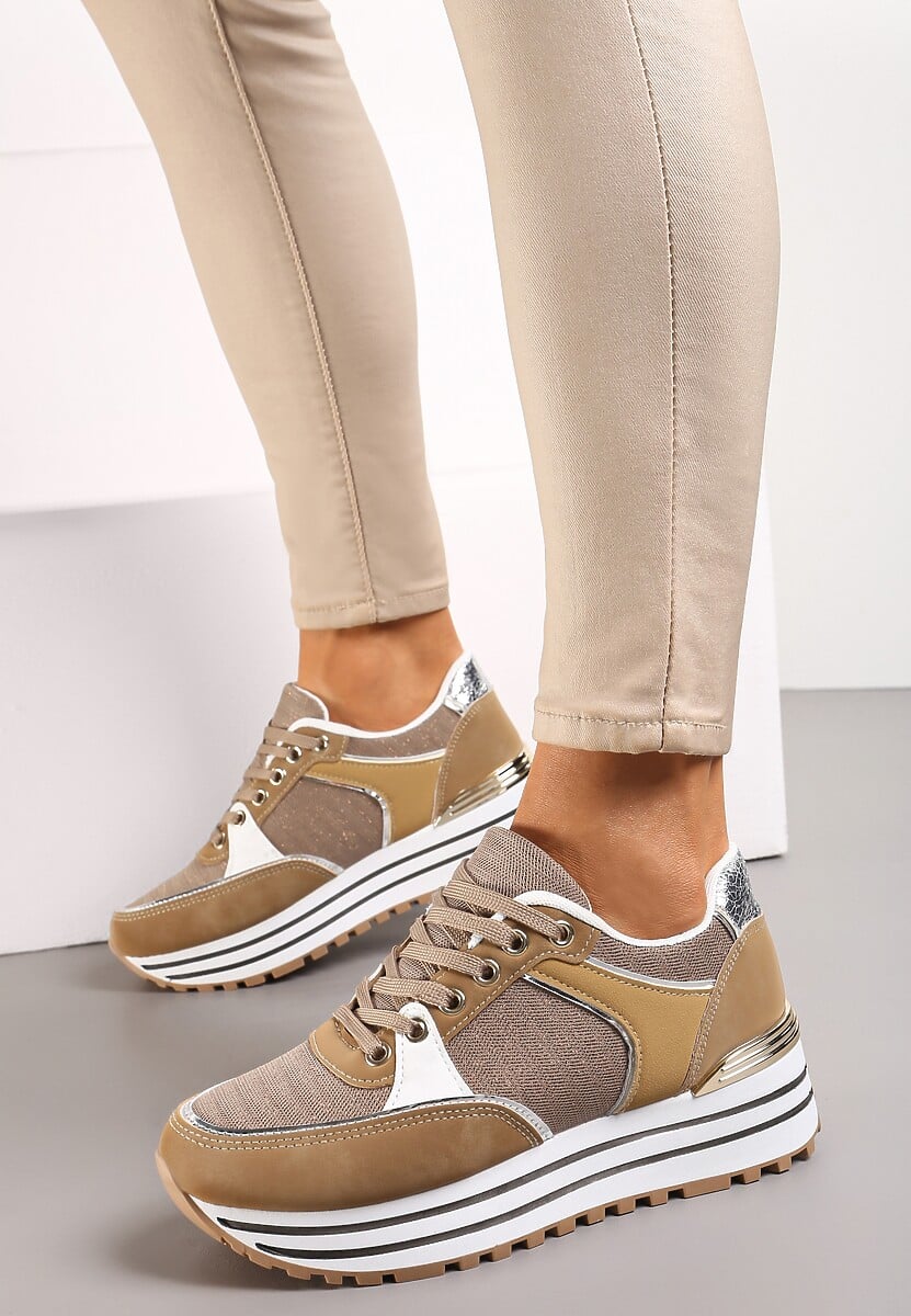 Ciemnobeżowe Sneakersy z Brokatową Dzianinową Wstawką Atobia