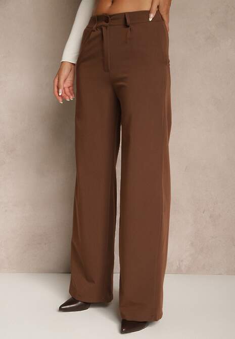 Brązowe Szerokie Spodnie High Waist z Gumką w Pasie Eternel