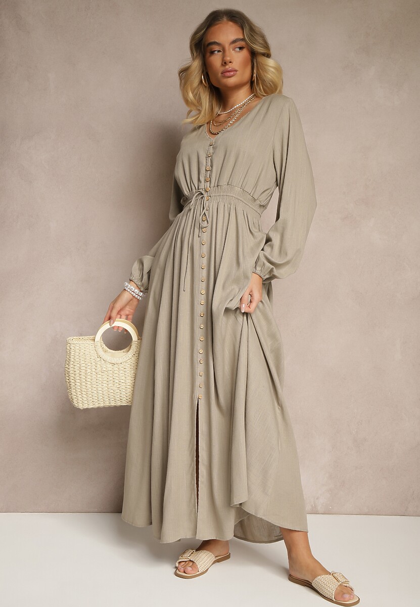 Beżowa Sukienka z Lnem i Wiskozą o Rozkloszowanym Kroju z Ozdobnymi Guzikami Maitena