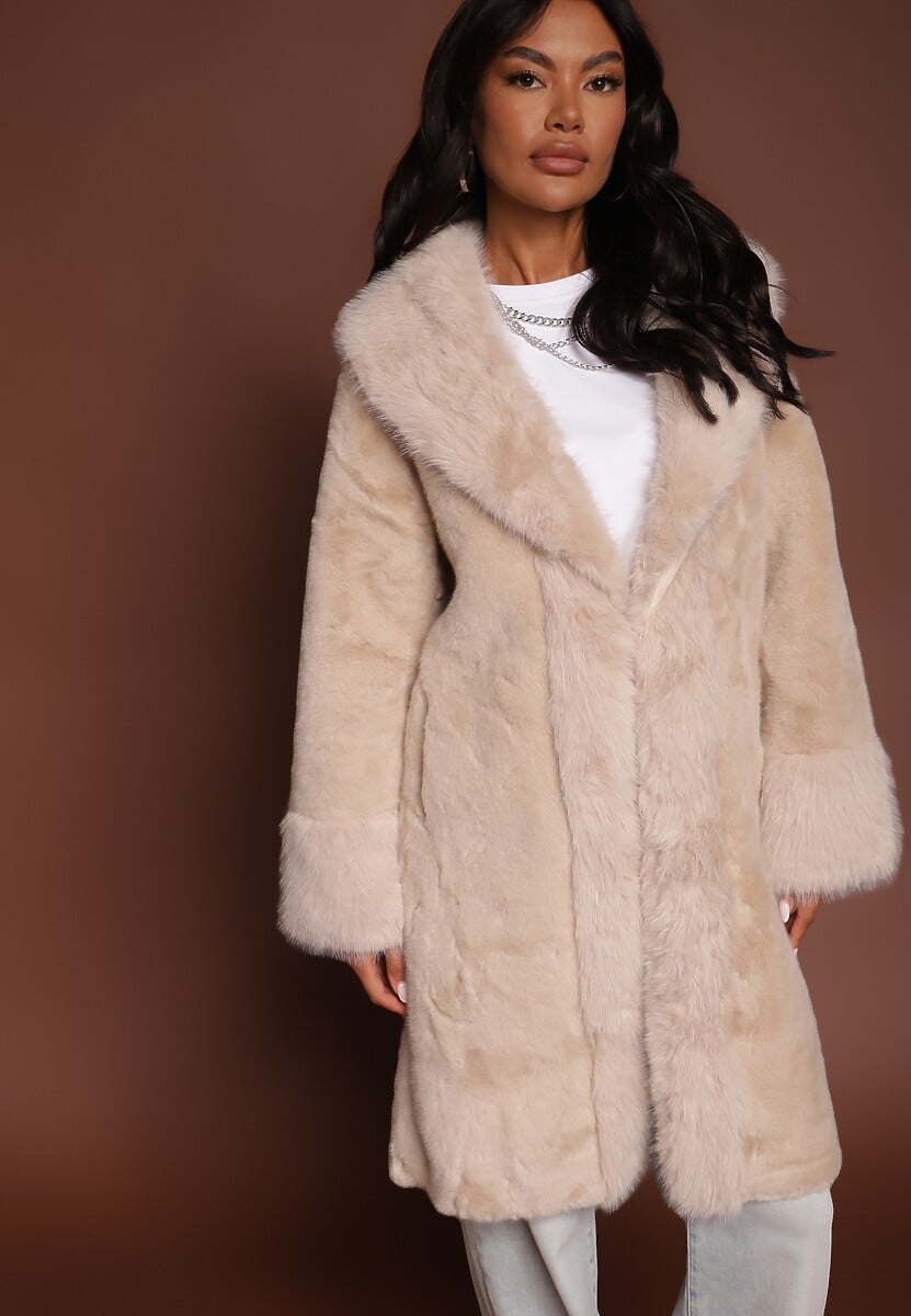 Beżowa Kurtka Futro o Długim Kroju z Wiskozą Ninnarlia