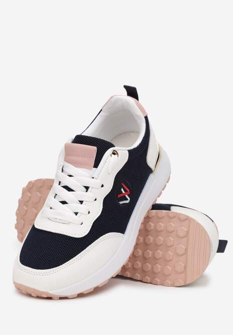 Granatowe Sneakersy z Haftowaną Naszywką i Metaliczną Wstawką Elnara