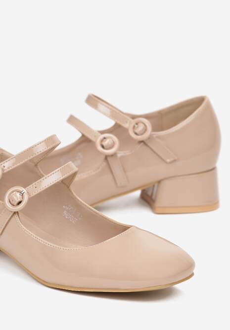 Beżowe Lakierowane Czółenka z Zapięciem na Sprzączki na Niskim Obcasie Vinella