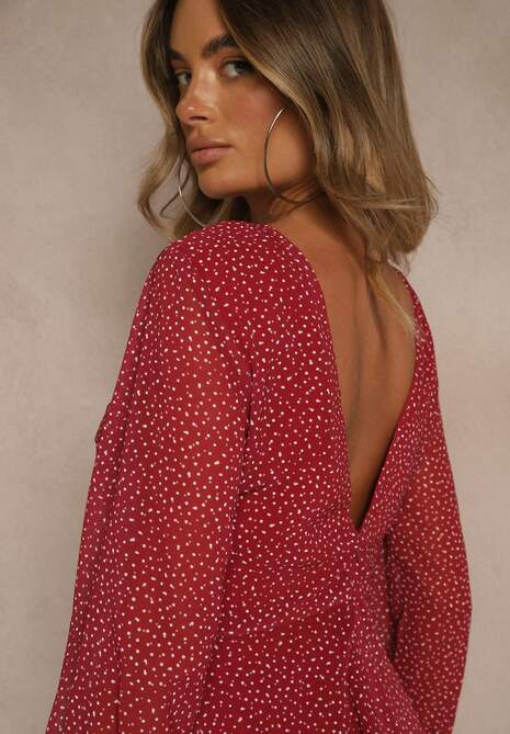 Bordowa Sukienka Vices Ozdobiona Transparentnymi Rękawami i Kropkami Celziva