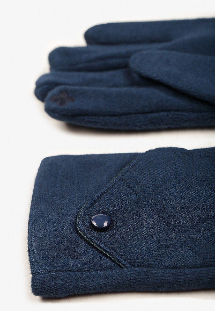 Niebieskie Dzianinowe Rękawiczki Eleganckie z Ozdobnym Guzikiem Senindra