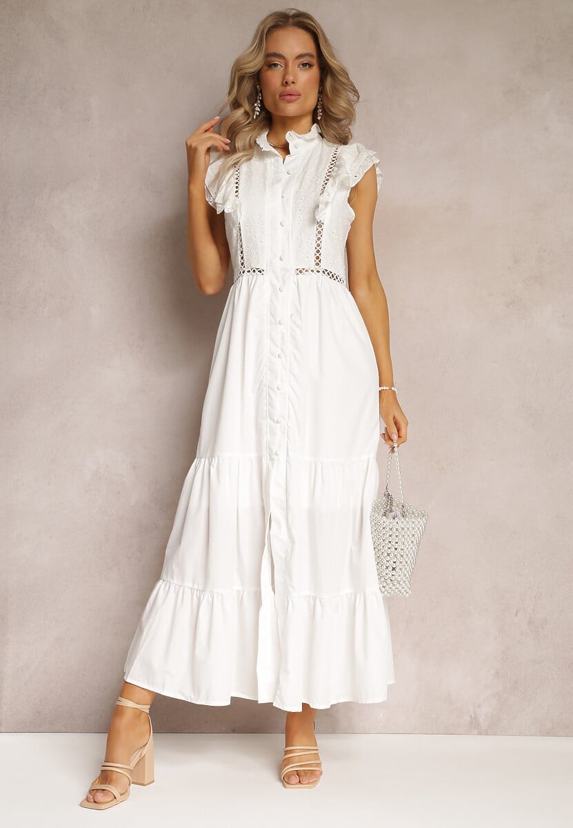 Biała Maxi Sukienka o Rozkloszowanym Fasonie z Zapięciem na Guziki i Haftami Adriyah