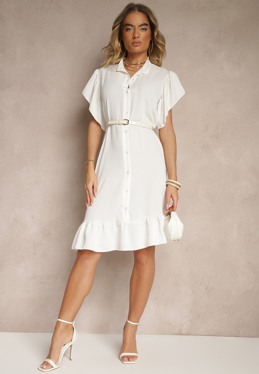 Biała Koszulowa Sukienka Ozdobiona Falbankami i Guzikami Tenelora