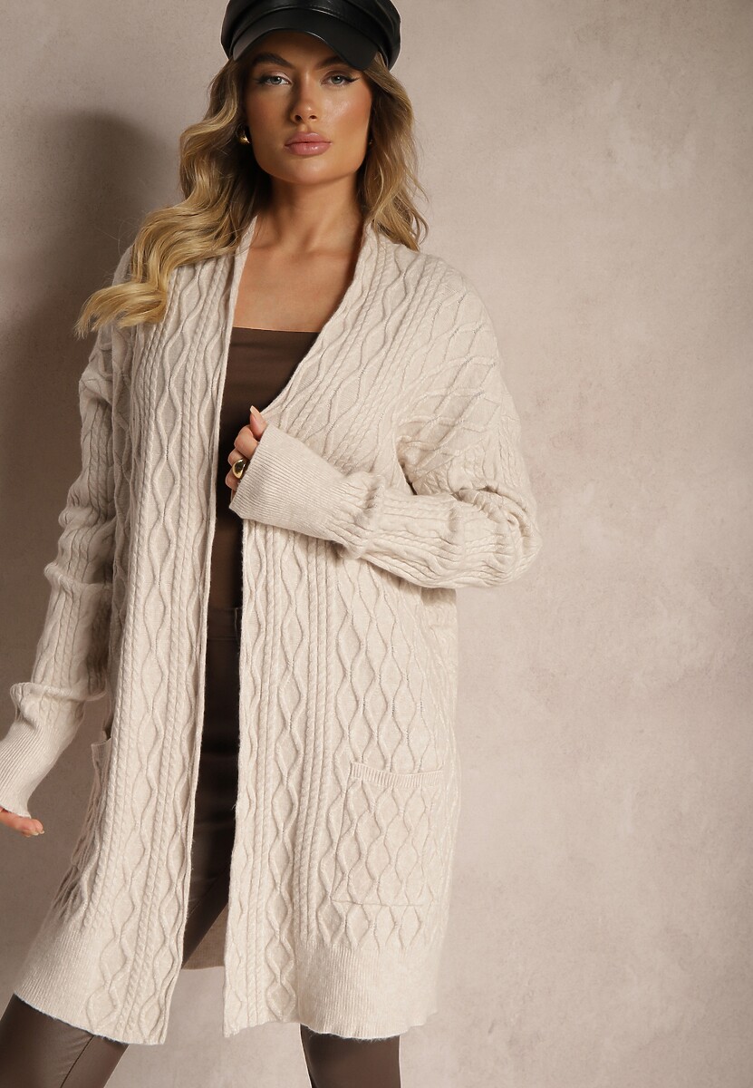 Beżowy Kardigan Nierozpinany o Długim Kroju Ozdobiony Tłoczeniem Vailithe