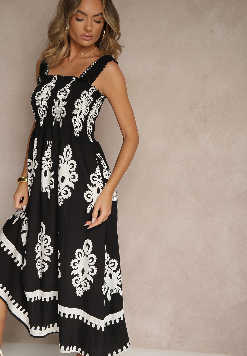Czarna Rozkloszowana Sukienka z Wiskozy z Ornamentnym Motywem Aloxe