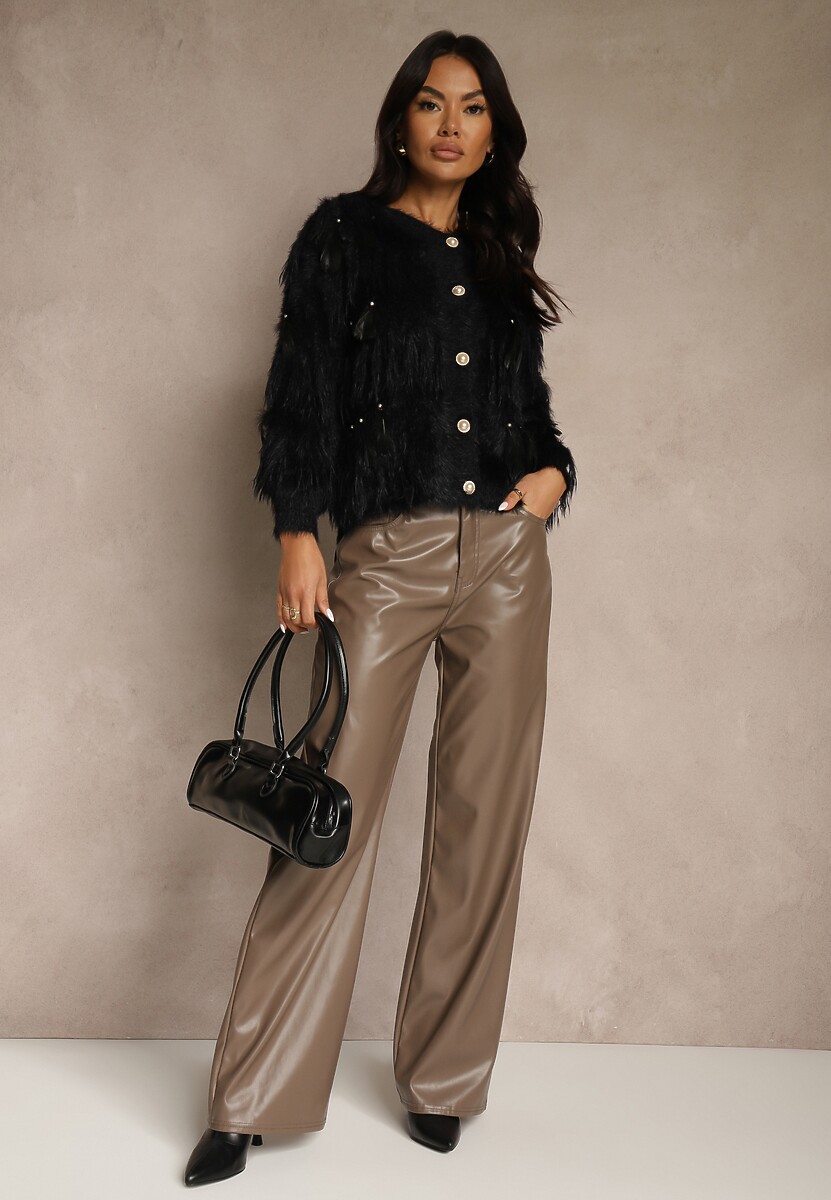 Czarny Kardigan z Dzianiny z Wełną Imitującą Pióra z Perłowymi Guzikami Meviatta