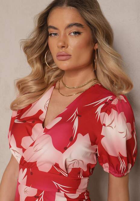 Czerwona Kopertowa Sukienka z Kwiatowym Wzorem i Falbanką Tdivona