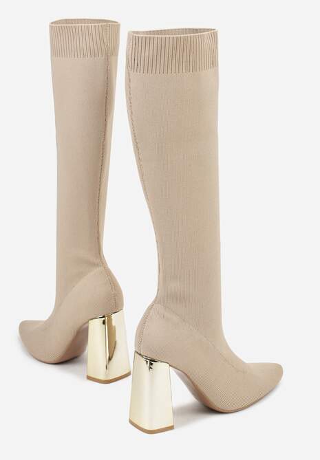 Ciemnobeżowe Skarpetkowe Kozaki Vices na Słupku z Metalicznym Połyskiem Tuvitte