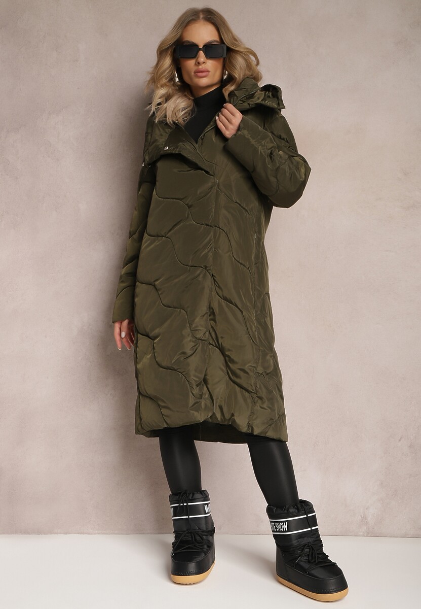 Zielona Pikowana Kurtka Płaszcz za Kolano z Kapturem Kelotta