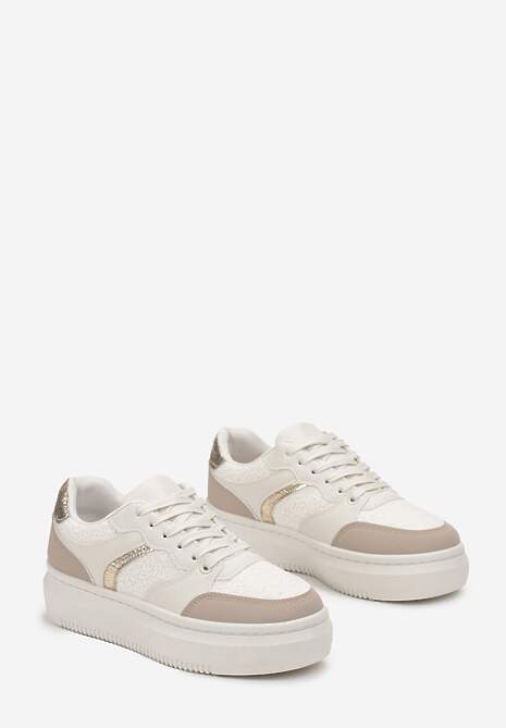 Beżowe Płaskie Sneakersy na Grubej Podeszwie z Metalicznymi Wstawkami Odelita