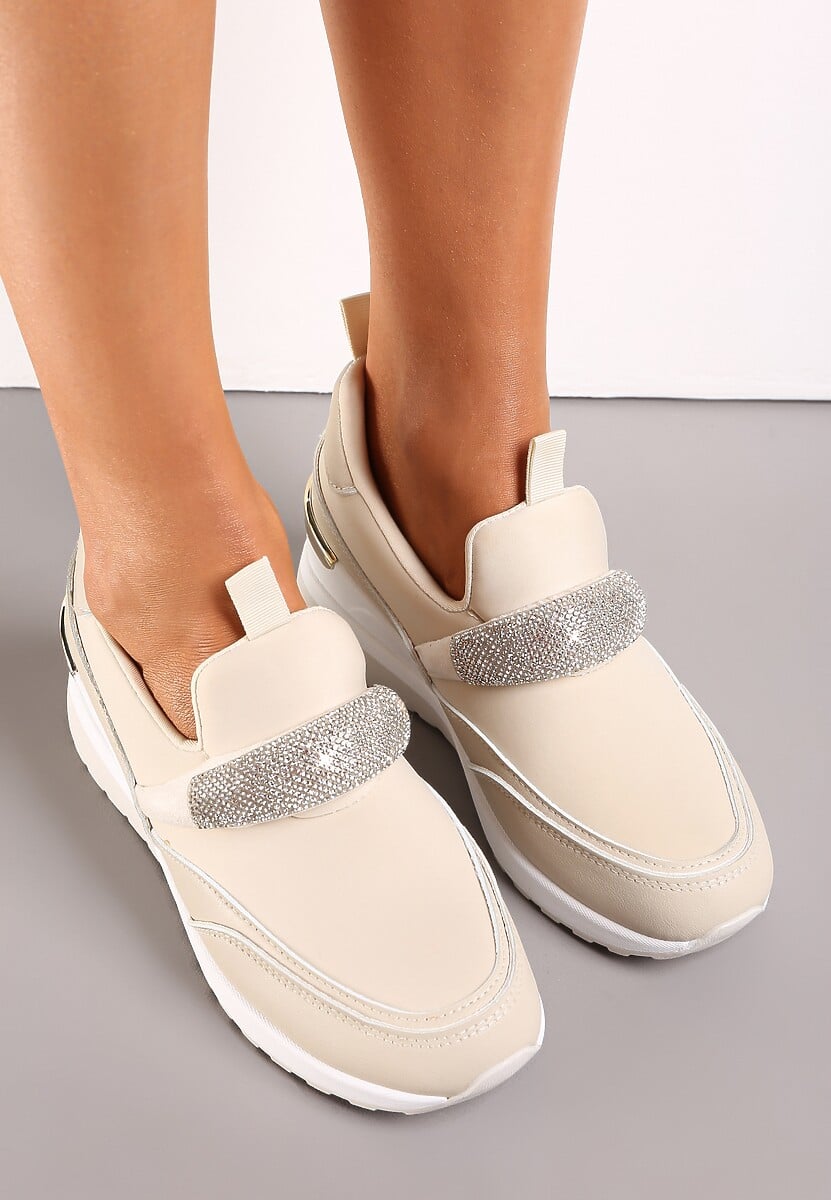 Beżowe Sneakersy no Koturnie z Metaliczną Wstawką Roselie