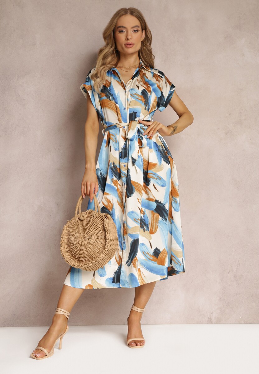 Niebieska Wzorzysta Sukienka Midi z Kołnierzem i Materiałowym Paskiem Jenica