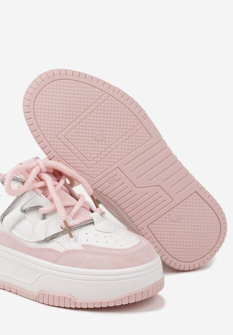 Biało-Różowe Sneakersy na Platformie z Paskiem z Cyrkonii Aneolin