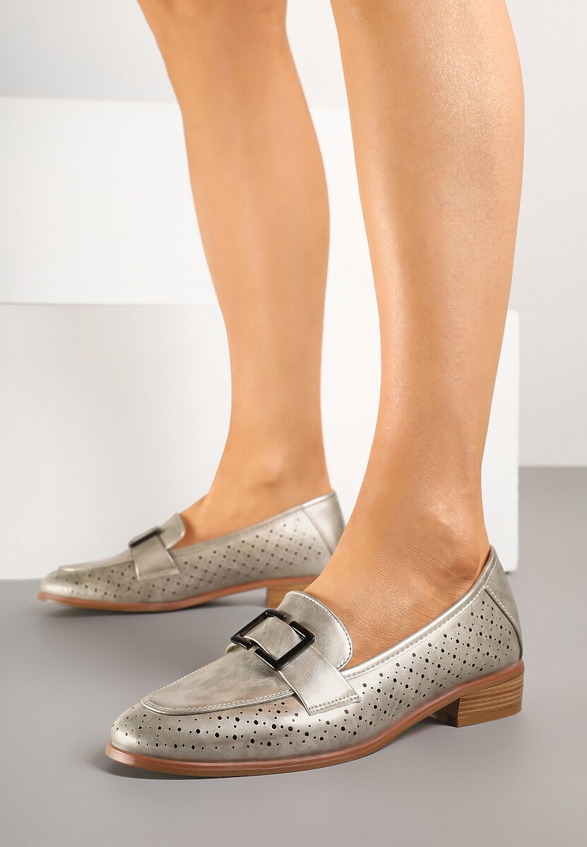 Złote Mokasyny ze Skórzaną Wkładką i Aplikacją Meratheia