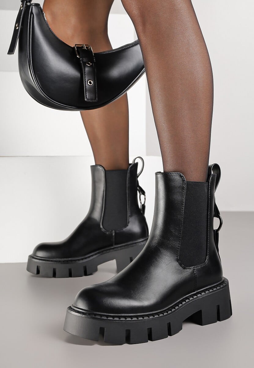 Czarne Botki Vices Sztyblety na Platformie Ozdobione Metaliczną Aplikacją Zaidera