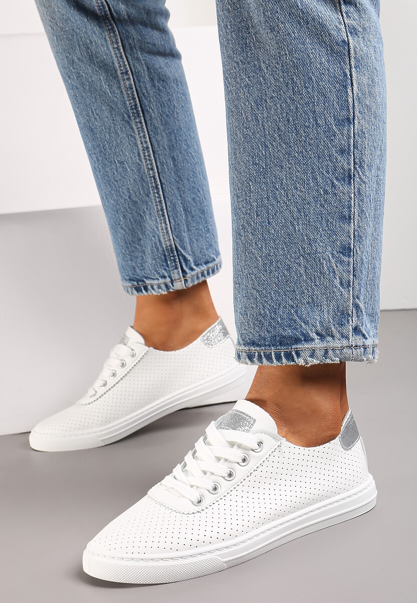 Biało-Srebrne Tenisówki ze Skóry ze Wstawkami z Brokatu Klerioa