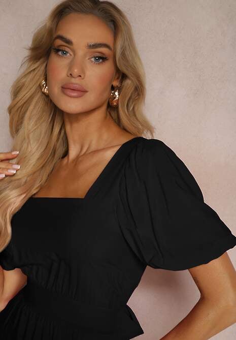 Czarna Wiskozowa Sukienka o Rozkloszowanym Kroju z Wycięciem na Plecach i Wiązaniem Dimiella