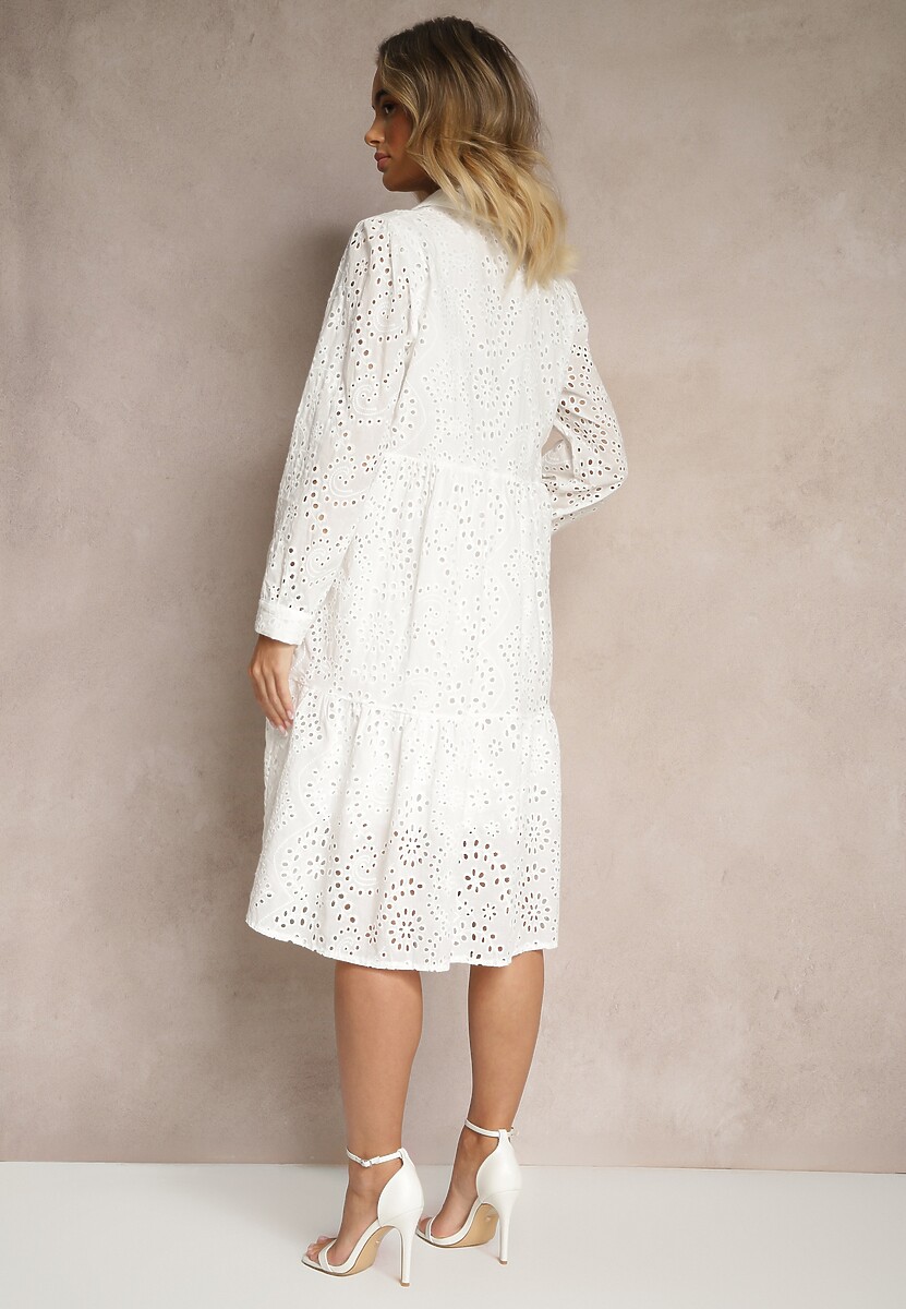 Biała Koszulowa Sukienka z Bawełny z Ażurowym Zdobieniem Ridioriana