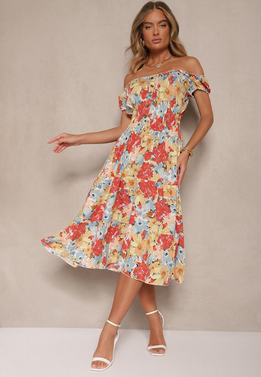 Różowo-Beżowa Sukienka Midi z Krótkim Rękawem z Wiskozy w Kwiaty Emena