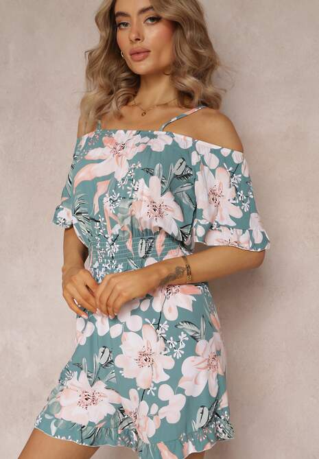 Niebieski Kombinezon z Opuszczonymi Rękawami i Gumkami w Pasie Gelissa